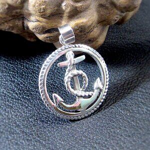 Solid 925 Sterling Silver Round Anchor and Rope Pendant - Sailorcore Jewelry